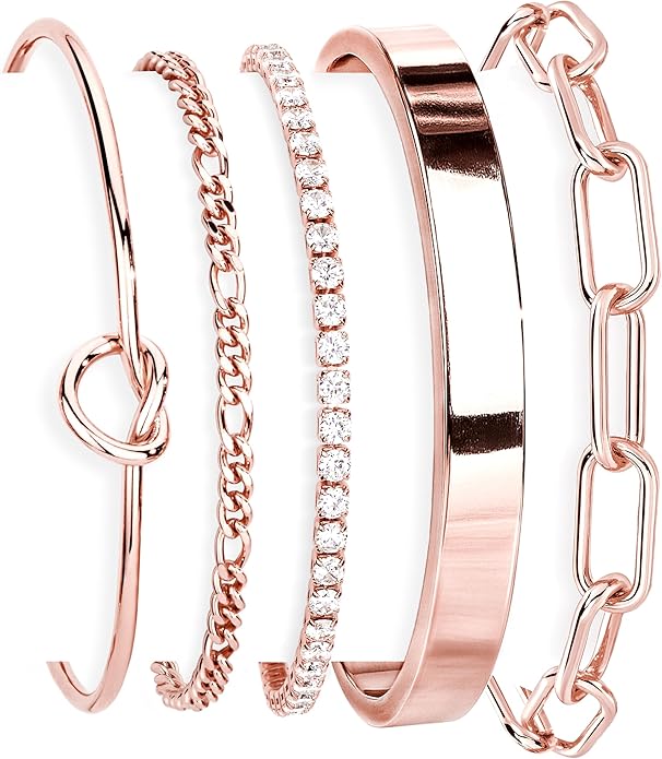 Gold Bracelets Set for Women Non Tarnish, 14K Gold Plated Sterling Silver Chunky Cuff Bracelet Stackable Gold Bangles Bracelet for Women Trendy Fashion Accessories Tie Knot Cuban Rope Paperclip Beaded Bracelet Stack Jewelry Valentines Day Gifts