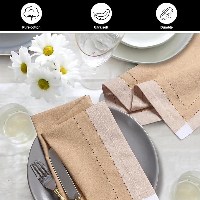 Homidate Cotton Cloth Napkins Set of 12 – 20x20 Beige Multi Double Hemstitched – Machine Washable Dinner Napkins for Weddings, Easter & Special Occasions