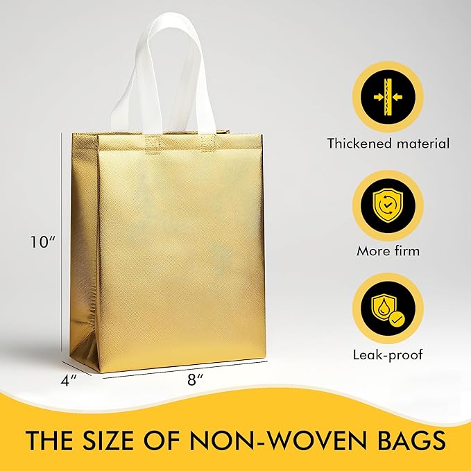 RACETOP 100 Pcs Gold Reusable Gift Bags Medium Size, 8x4x10 Inch Gold Gift Bags with Handles & Sturdy Base, Ideal for Birthday, Wedding, Bachelorette, Party Favors, Holiday Goodie