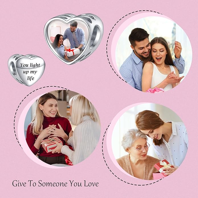 Annmors Personalized Photo Charms For Bracelets/Necklace 925 Sterling Silver Love Heart Shaped Engraved Customize Picture Gift for Birthday Mother's Day,Bead Charms Jewelry for Women