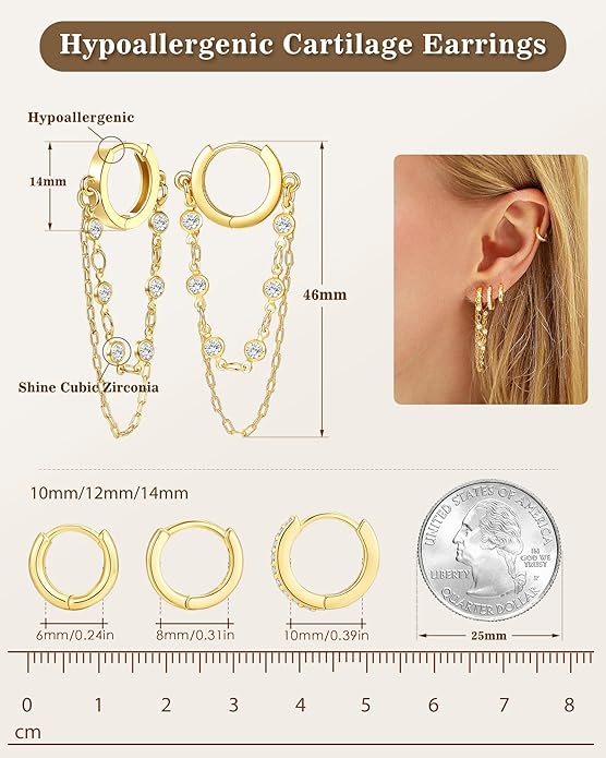 Tassel Chain Small Gold Hoop Dangle Earring For Women Huggie Earring Heart Star CZ 14K Gold Plated Fashion Jewelry Friendship Gift
