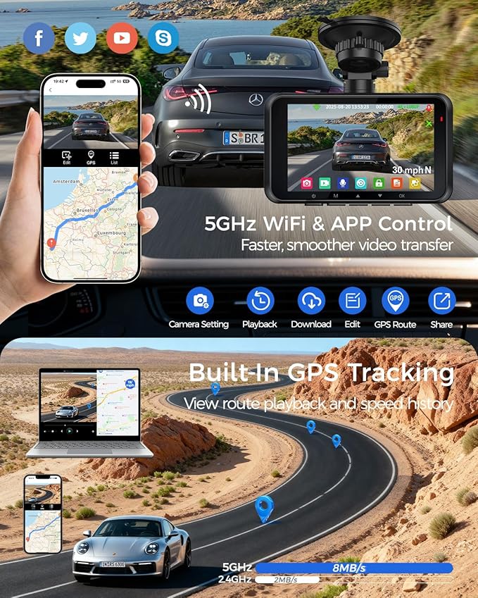 4K Dash Cam Front and Rear STARVIS 2 IMX675 & IMX307 Dual HDR, 4" Touch Screen Dash Camera Built-in GPS 5G WiFi, Car Camera with 64G Card, Voice Control, Night Vision, Parking Mode V100-2CH