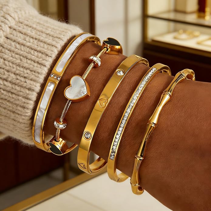 ZhiRui Women's 18K Gold Plated Stackable Bracelet Set - Waterproof Mother of Pearl Heart Cubic Zirconia Jewelry Gifts for Women