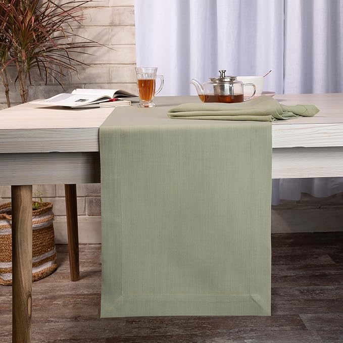 D'Moksha Homes Sage Green Table Runner 14 x 108 Inch - Faux Linen Table Runner 108 Inches Long - Wrinkle Resistant, Machine Washable for Fall, Thanksgiving, Christmas, Holiday - 100% Recycled Fabric