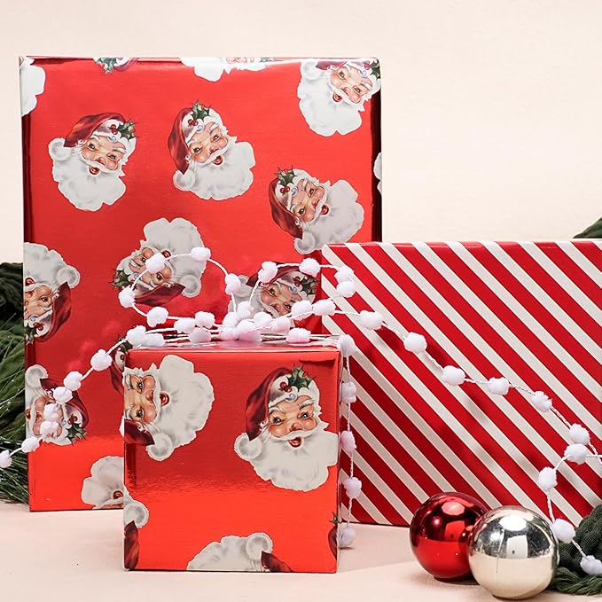 LaRibbons Vintage Santa Christmas Wrapping Paper Roll – Double-Sided Foil Gift Wrap with Candy Cane Stripes, Holiday Wrapping Paper for Xmas Presents & Decorations, 17 Inch × 33 Feet