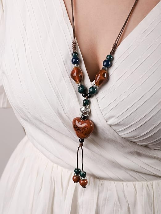 MINACHI Boho Hippie Colorful Ceramic Heart Bead Strand Necklace, Bohemian Summer Statement Jewelry Gift for Women