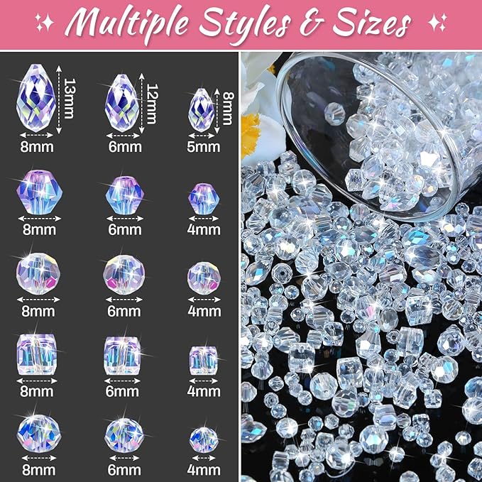 Thrilez 900 Pieces Glass Crystal Beads for Jewelry Making, Assorted Crystal Beads for Bracelets, Jewelry, DIY Crafts or Home Ornaments(Clear Crystal AB Color)