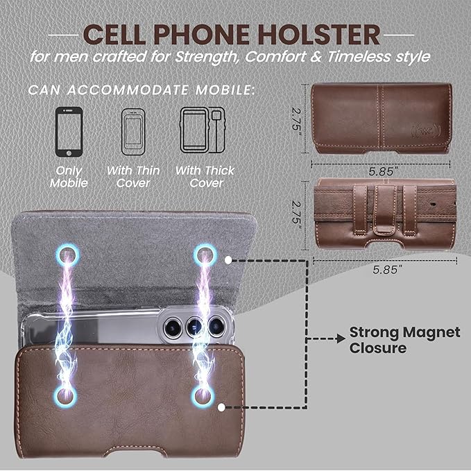 Leather Phone Holster for Men & Women, Horizontal Cell Phone Case, Fits iPhone 13/12 Mini, SE, Xs/X, 8, 6s - Belt Clip/Loop Carrying Phone Pouch Holder, Brown Small