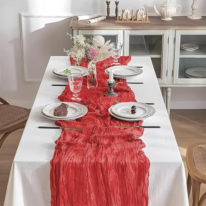 2 Pack 10 Ft Cheesecloth Table Runner Red Gauze Long Table Runners Boho Gauze Cheese Cloth Table Runner Rustic Sheer Runner for Wedding Party Table Decor ( 35 x 120 Inch )