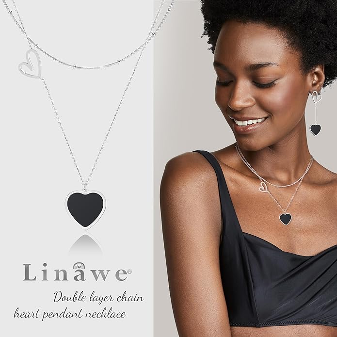Linawe Layered Choker Heart Pendant Necklace for Women Trendy, Gold/Silver/Rose Gold Chain Stainless Steel Stacked Necklaces, Double Heart Necklace Y2K Preppy Jewelry