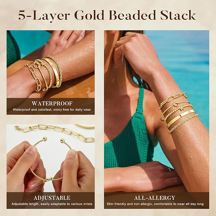 Turandoss Valentines Gifts for Her Girls, Dainty 5PCS 14K Gold Plated Initial A-Z Beaded Stretch Bracelet Chunky Gold Cuff Knot Twisted Rope Paperclip Bracelet Set Stack Jewelry Gifts for Women Girls
