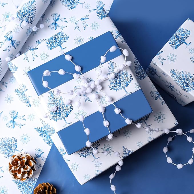 BIOBROWN Reversible Christmas Wrapping Paper - 17 Inch X 33 Feet (46.7 sq. ft. ttl.) - Holiday Trees and Bow Design Perfect for Xmas, Party, Holiday Gift Wrap