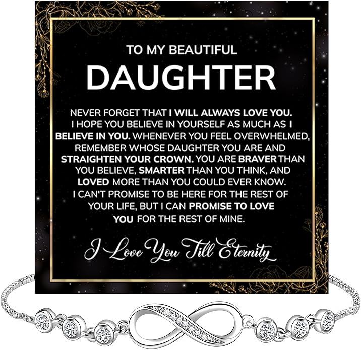 Daughter Infinity Heart Bracelet, Daughter Jewelry Gift From Mom or Dad with Message Card and Box Meaning