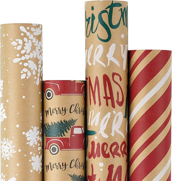 RUSPEPA Wrapping Paper, Kraft Paper - Snowflakes, Car and Christmas Tree, Stripes and Merry Christmas - 4 Rolls - 30 inches x 10 feet per Roll