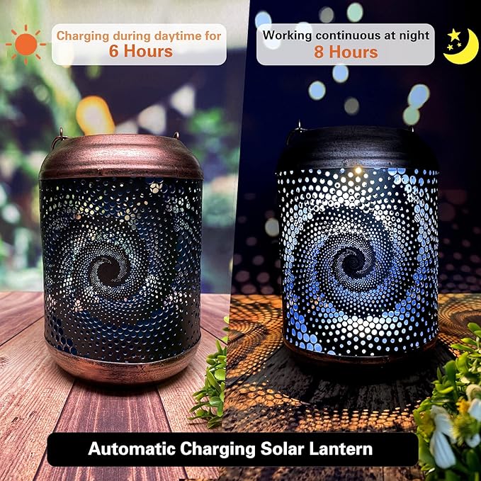 4 Pack Solar Lanterns Outdoor Hanging Metal Waterproof LED Lantern with Solar Powered Garden Patio Decorations Decor Lantern with Handle Christmas Gift Idea