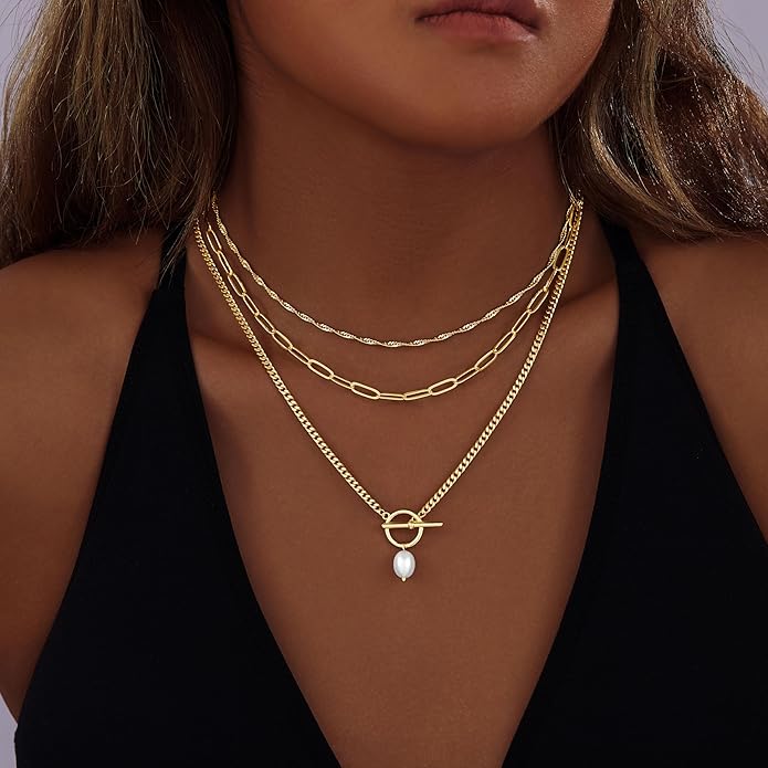 Layered Gold Necklaces for Women, Stackable Dainty 14K Gold Silver Plated Trendy Simple Heart Diamond Cross Bow Circle Pendant Paperclip Choker Dot Chain Necklace,Jewelry Set Gifts for Women