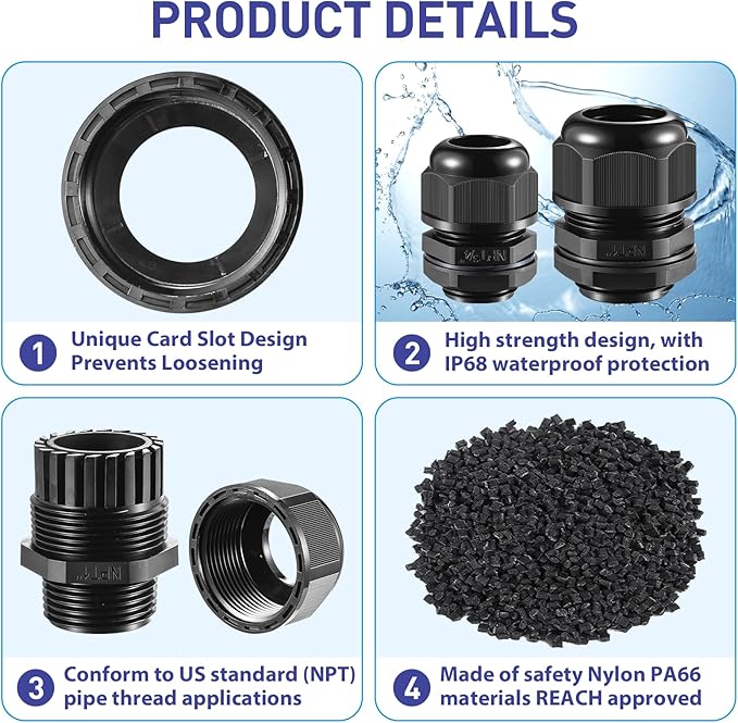 50 PCS 1/4"(4-8mm) NPT Nylon Cable Gland Joints with Gaskets, IP68 Adjustable Lock Nut Strain Relief Cord Grip Waterproof Cable Glands - UL Listed and RoHS Compliant