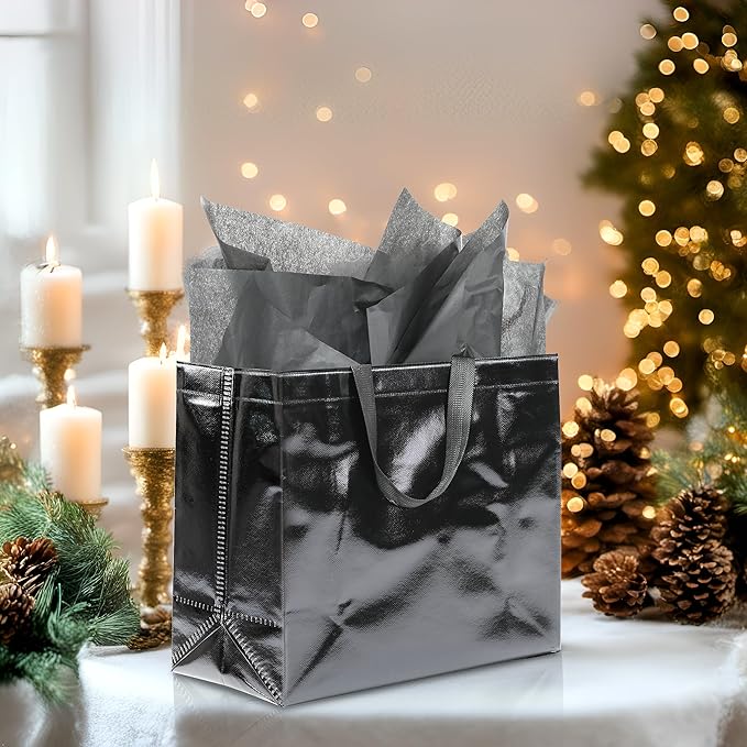 KeerxunBag 12Pcs Reusable Gift Bags（Includes Tissue Paper） Gift bag with handle Birthdays Parties Holidays Weddings Medium 13x5x11in Black Gift Bags