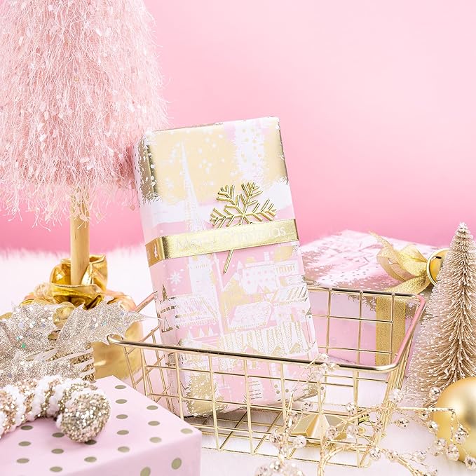RUSPEPA 30" X 32.8' Reversible Christmas Wrapping Large Paper Roll, Jumbo Roll, Pink Gold Winter Landscape with Snowflake Pattern, Gold Polka Dot Design Gift Wrap for Girls, Women, Xmas Holiday Gifts