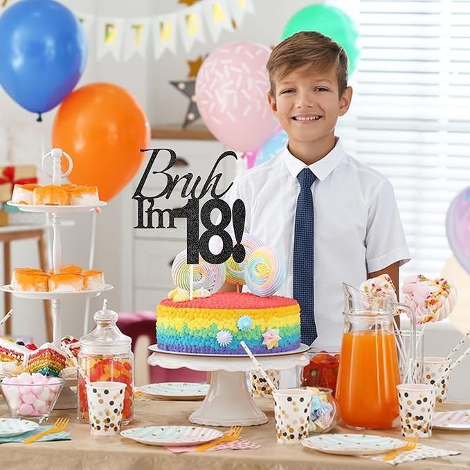 Bruh I'm 18 Cake Topper - Black Glitter Happy 18th Birthday Decorations for Boys Teens, Funny 18 Year Old Party Supplies, Bro I'm 18 Cake Decor (Bruh I'm 18！, 18th black)