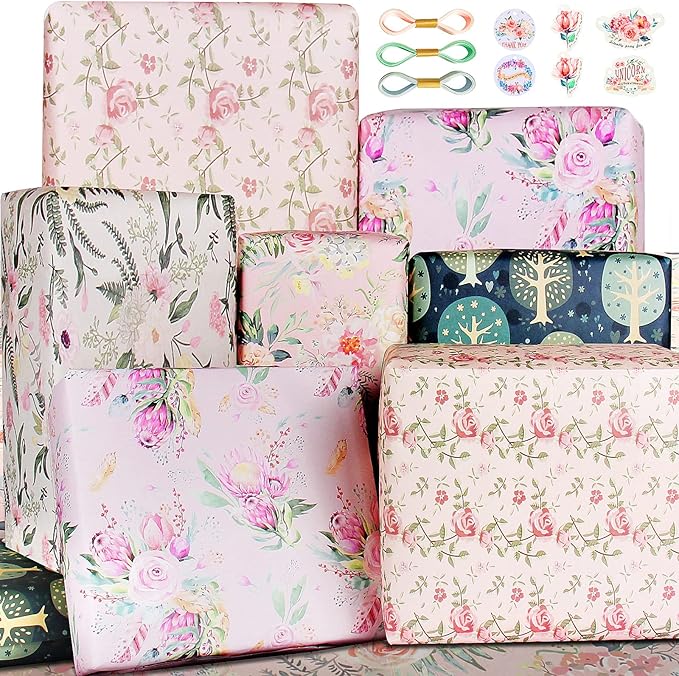 Wrapping Paper with Pastel Purple Pink Green Floral Making,Gift Wrapping Paper Set for Women Girl Baby,Birthday Wrap Birthday Paper with Tags Ribbon,Baby Shower wrap