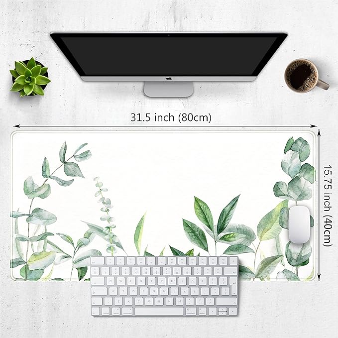 Eucalyptus Leaves Large Mouse Pad Green Plants Extended Gaming Mousepad, Leaf Desk Mat with Stitched Edges XXL Size (31.5x15.75 Inchs), Wireless Mouse Keyboard Mat for Desktop Laptop, Game, Office
