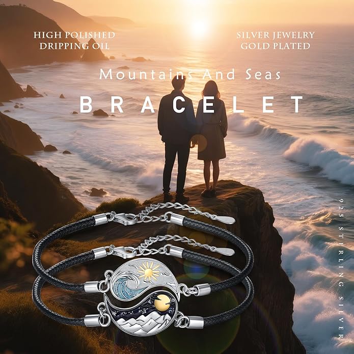 Yin Yang Bracelet 925 Sterling Silver Couple Friendship Bracelets Tree of Life/Sun Moon/Mountain/Lotus Abalone Jewelry for Women Men Couples, Leather Cord 7+2 in