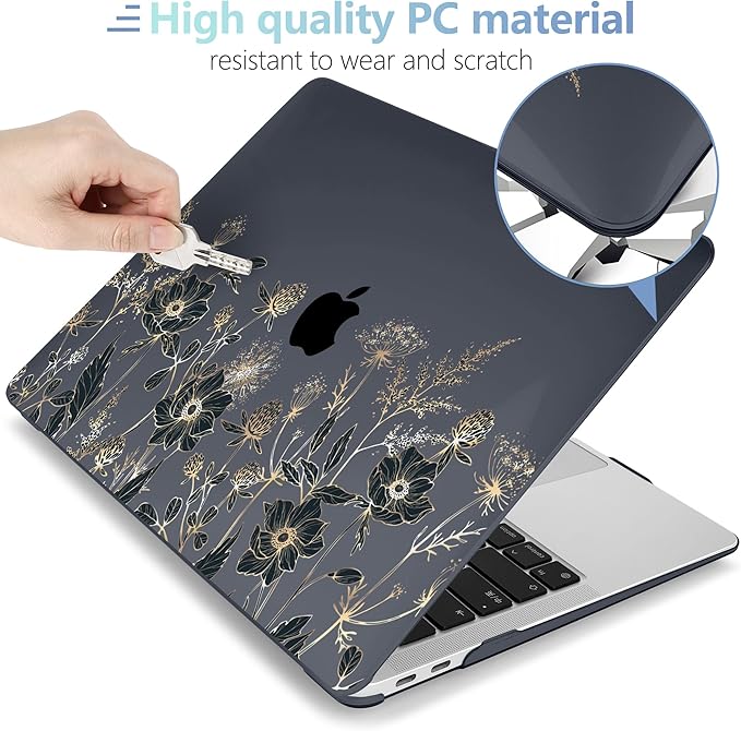 MEEgoodo for MacBook Air 13.3 inch Case 2021 2020 2019 2018 A2337 M1 A2179 A1932, Case for MacBook Air M1, Hard Shell with Keyboard Webcam Cover & Trackpad Film & Type C Adapter,Golden Flowers & Herbs