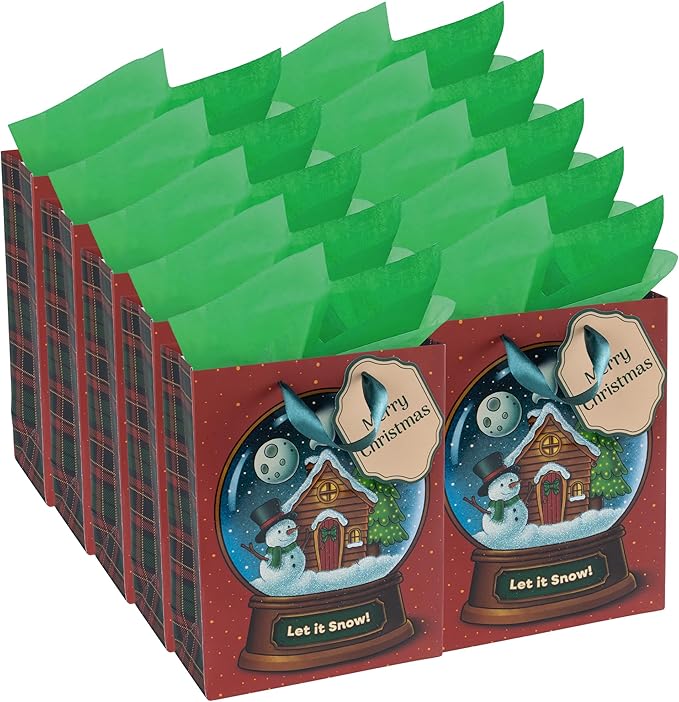 RACHELLE'S Snow Globe Christmas Gift Bags – Small 9"x7"x3" (10-Pack) – Sturdy Paper Gift Bags with Tissue Paper, Tag and Handle – Let It Snow – Perfect for Christmas Holiday Gifting & Party Favors
