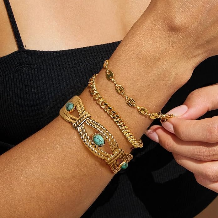 PERNNLA PEARL Dainty Gold Bar Bracelet for Women Simple Delicate Thin Cuff Bangle Hook Bracelet 18K Gold Plated Handmade Minimalist Jewelry