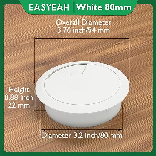 5 Pcs Desk Grommet 3-1/8" / 80 mm, Desk Cord Hole Cover, Cable Grommet ABS Plastic, Desk Hole Grommet for Home & Office Pc, Detachable Adjustable Cable Cord Organizer-White
