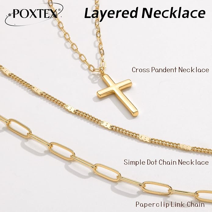 Layered Gold Necklaces for Women, Stackable Dainty 14K Gold Silver Plated Trendy Simple Heart Diamond Cross Bow Circle Pendant Paperclip Choker Dot Chain Necklace,Jewelry Set Gifts for Women