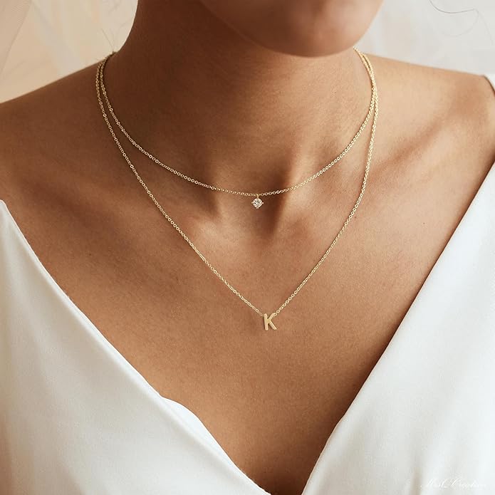 Layered Initial Necklaces for Women, 14k Gold Plated Letter Necklace Set Dainty Gold Initial Necklace Stack Cute Layering Choker Necklaces for Women Trendy Fashion Jewelry