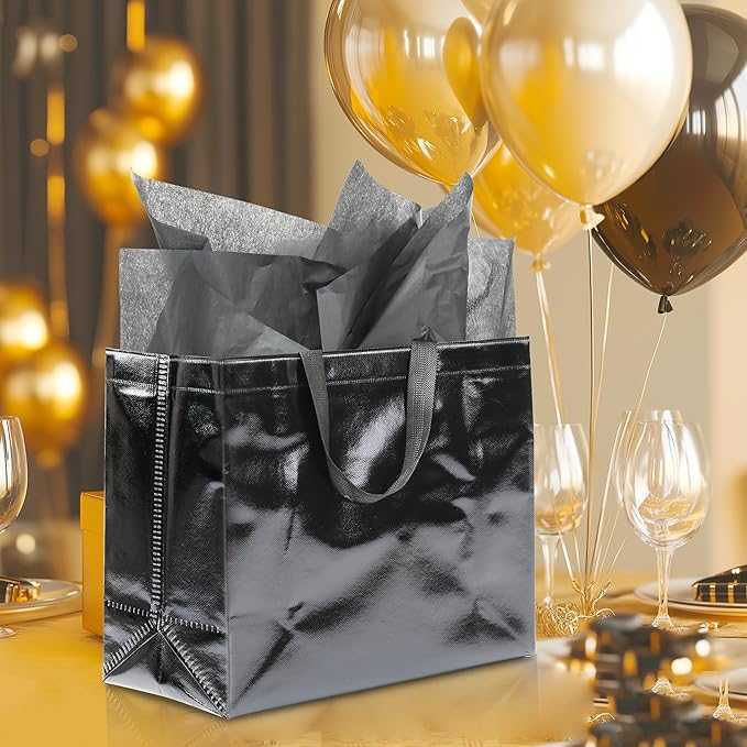 KeerxunBag 12Pcs Reusable Gift Bags（Includes Tissue Paper） Gift bag with handle Birthdays Parties Holidays Weddings Medium 13x5x11in Black Gift Bags