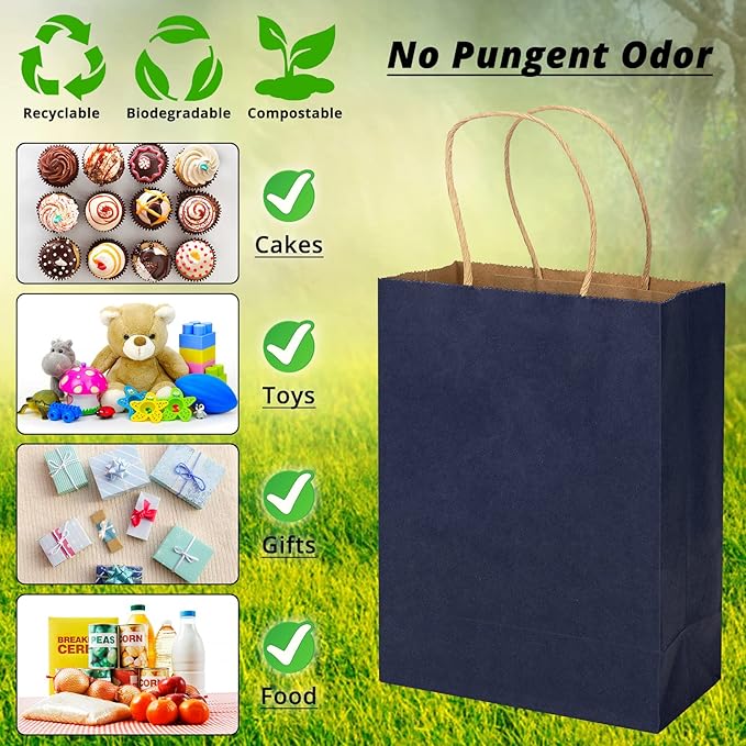 100 Pack 5.9x3.15x8.26 inch Small Gift Bags, Kraft Dark Blue Bags with Handles Bulk for Birthday Party Favors,Gift Paper Bags,Retail Shopping Business Goody Craft Gift Bags
