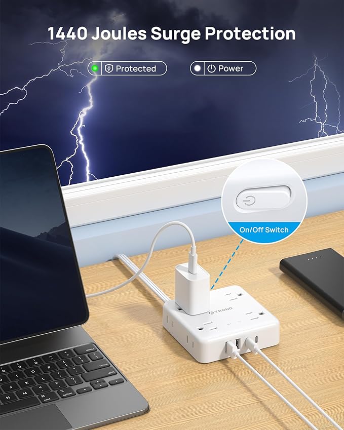 TROND 360° Rotating Plug Power Strip, 5FT Flat Extension Cord with Multiple Outlets 4 USB (2 USB C), Wall Mount Surge Protector 1440 Joules for Home Office Travel Dorm Room Essentials, White