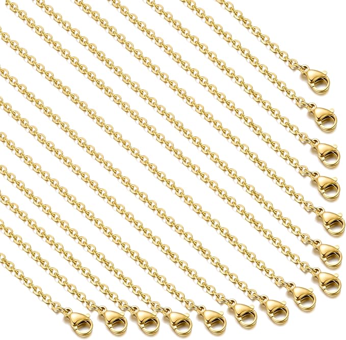 20 Pack Necklace Chains Gold Plated Stainless Steel Cable Chain Necklace Bulk for Jewelry Making, 16 Inches