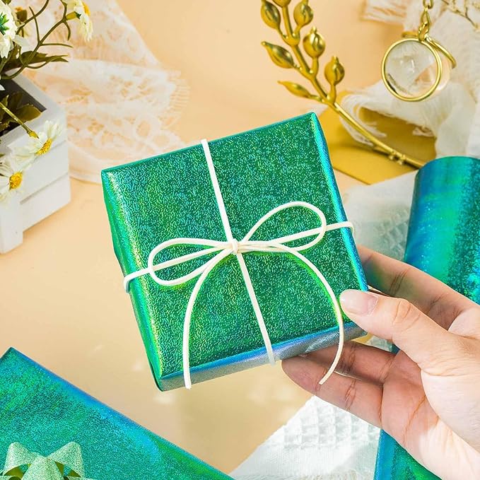 Yarcony Green Holographic Wrapping Paper - 17Inch X 32.8Feet - Shiny Green Iridescent Sparkle Wrapping Paper Luxury Embossed Gift Wrap for Birthday Wedding Bridal Shower Valentine's Day Mother's Day
