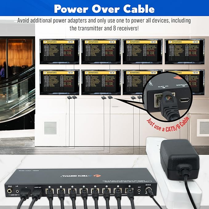 J-Tech Digital HDMI 2.0 4K Extender Splitter Over Single Cable CAT6 with PoC Up to 196 FT 1-in 8-Out w/Local Loop Output & Low Latency [JTECH-18EX50]
