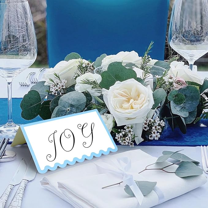 150 PCS Dusty Blue Scalloped Place Cards 2 x 3.5 Inch Blank Tented Place Card Name Cardstock Seat Assignment Label Card Reserved Table Signs Seating Signs for Birthday Wedding Party