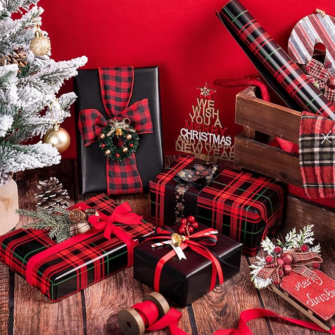 WRAPAHOLIC 30 Inch Jumbo Reversible Plaid Wrapping Paper - 30 Inch x 100 Feet Jumbo Roll Red and Black Plaid Christmas Wrapping Paper for Christmas, Birthday, Baby Shower, Holiday