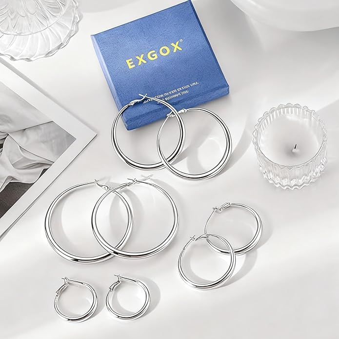 EXGOX Sterling Silver Hoop Earrings - Hypoallergenic, Lightweight, Chunky, 14K Real Gold Plated, Big Large Hoops for Women
