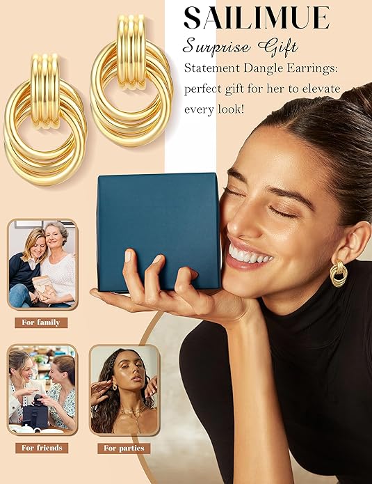 14K Gold Plated Knot Statement Earrings for Women Hypoallergenic Chunky Drop Dangle Earrings - Lightweight Fashion Accessories Gold Jewelry Gifts for Womens Trendy