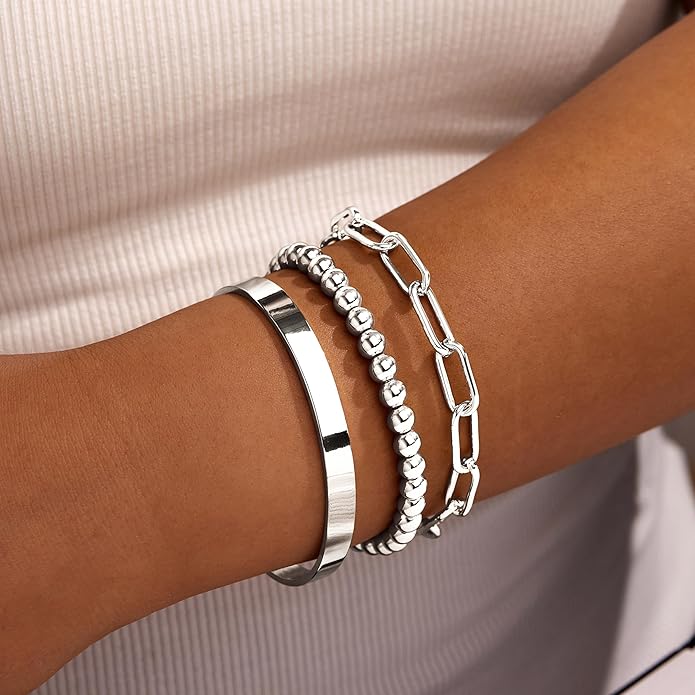 Gold Bracelets Set for Women Non Tarnish, 14K Gold Plated Sterling Silver Chunky Cuff Bracelet Stackable Gold Bangles Bracelet for Women Trendy Fashion Accessories Tie Knot Cuban Rope Paperclip Beaded Bracelet Stack Jewelry Valentines Day Gifts