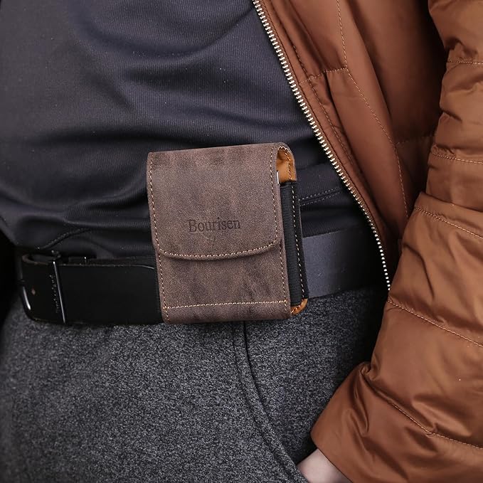Universal Phone Holster Phone Pouch Case Belt Clip Belt Loops Card Slot Faux Leather for Man for Samsung Galaxy Z Flip 5/4/3 Motorola Razr Plus Razr+ 2023 (Brown&Yellow, XS(3.7"x3.1"x1.1"))