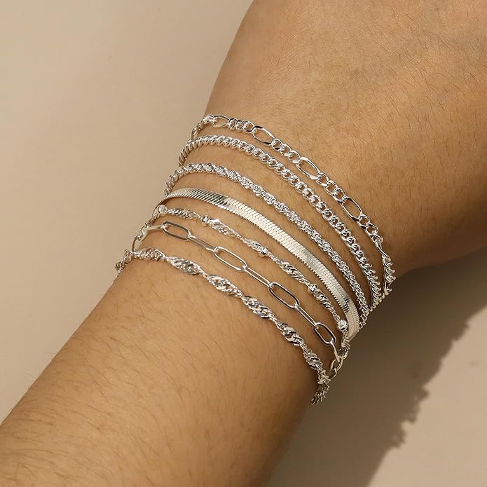 Reoxvo Bracelets Stack Silver Plated Chain Bracelet Set for Women Gold Hand Chain Rings Bracelets Jewelry for Women Trendy