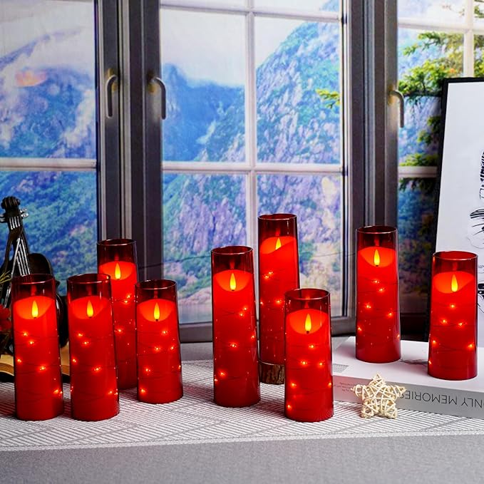 Flameless Candles with Embedded Star String, Battery Operated LED Pillar Candles with Timer and Remote Control,Home Decorating for Ambiance， Set of 9 (Red)