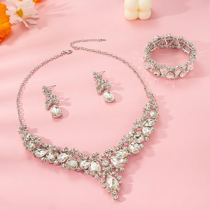 Elegant Bridal Wedding Jewelry Set for Women/Brides/Bridesmaids Teardrop Crystal Leaf Cluster Jewelry Set for Wedding Prom Party Bridal Bridesmaids Rhinestone Crystal Necklace Earrings Bracelet Set