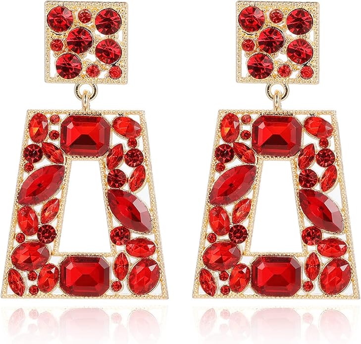 Rhinestone Rectangle Statement Earrings Colorful Crystal Geometric Drop Dangle Earrings for Women Prom Party
