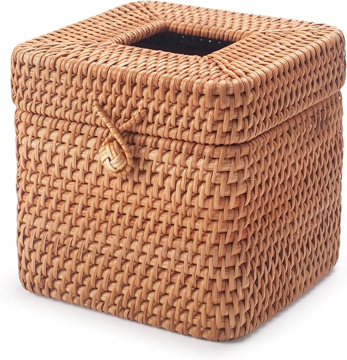 Rattan Tissue Box Cover Natural Woven Facial Napkin Holder Square with Lid 5.7 x 5.7 x 5.5 Inch (Natural)